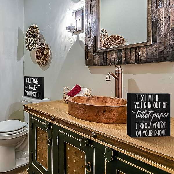 Jetec Set of 2 Farmhouse Bathroom Signs Decor Funny Rustic Wood Plaque Bathroom Wall Art Please Seat Yourself Wooden Toilet Signs for Home Restroom Shelves(Black) - Image 5
