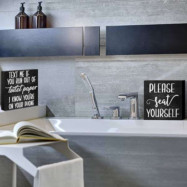 Jetec Set of 2 Farmhouse Bathroom Signs Decor Funny Rustic Wood Plaque Bathroom Wall Art Please Seat Yourself Wooden Toilet Signs for Home Restroom Shelves(Black) - Image 7