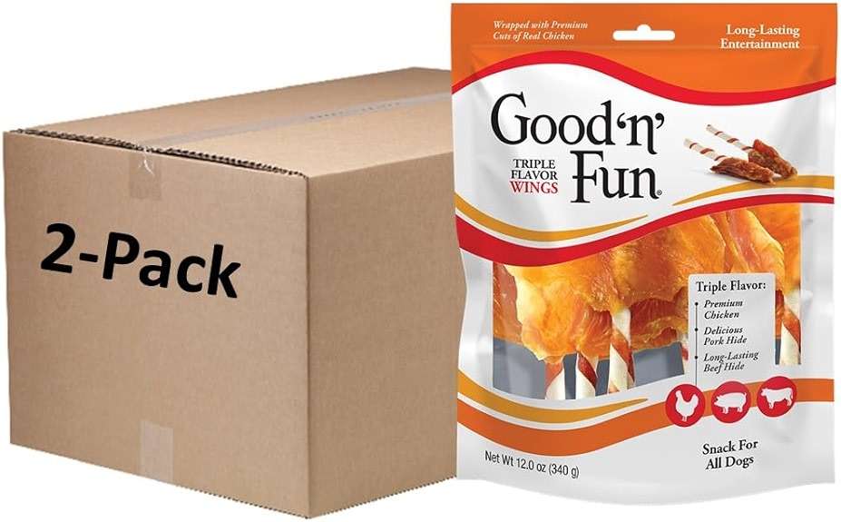 Good ‘n’ Fun Triple Flavor Wings Chews for All Dogs, 12 Ounces, Treat Your Dog to Long-Lasting Chews Made with Chicken, Pork Hide and Beef Hide, Pack of 2 - Image 1