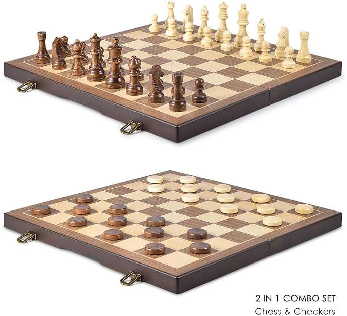 AMEROUS Magnetic Wooden Chess and Checkers Game Set, 15 Inches (2 in 1) Chess Board Games, 2 Extra Queens - Gift Package - Game Pieces Storage Slots, Beginner Chess Set for Kids, Adults - Image 3