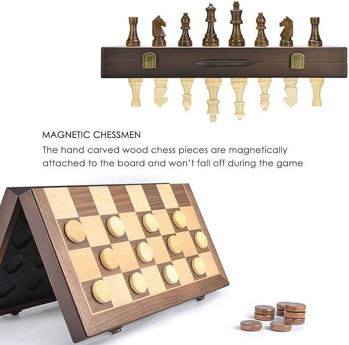 AMEROUS Magnetic Wooden Chess and Checkers Game Set, 15 Inches (2 in 1) Chess Board Games, 2 Extra Queens - Gift Package - Game Pieces Storage Slots, Beginner Chess Set for Kids, Adults - Image 5