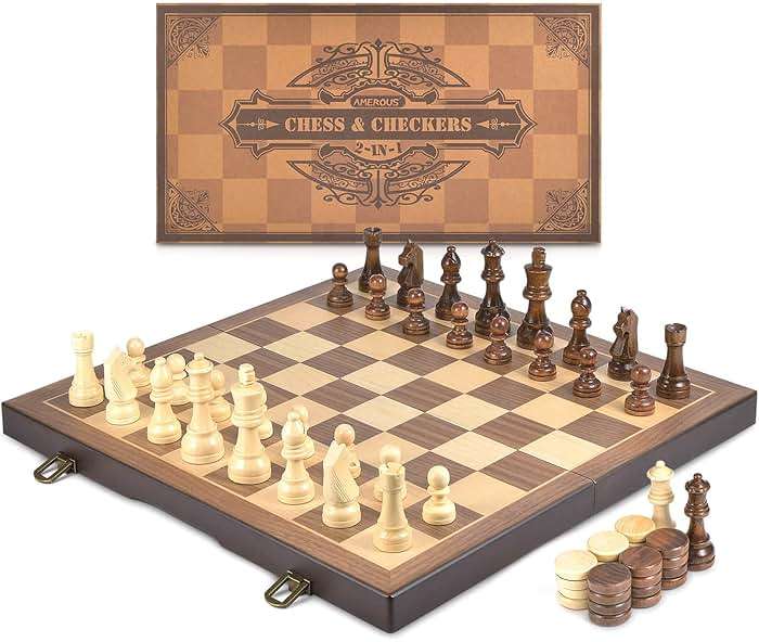 AMEROUS Magnetic Wooden Chess and Checkers Game Set, 15 Inches (2 in 1) Chess Board Games, 2 Extra Queens - Gift Package - Game Pieces Storage Slots, Beginner Chess Set for Kids, Adults - Image 7