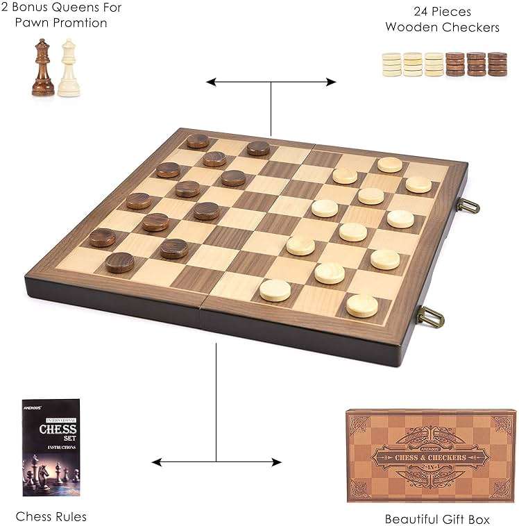AMEROUS Magnetic Wooden Chess and Checkers Game Set, 15 Inches (2 in 1) Chess Board Games, 2 Extra Queens - Gift Package - Game Pieces Storage Slots, Beginner Chess Set for Kids, Adults - Image 8