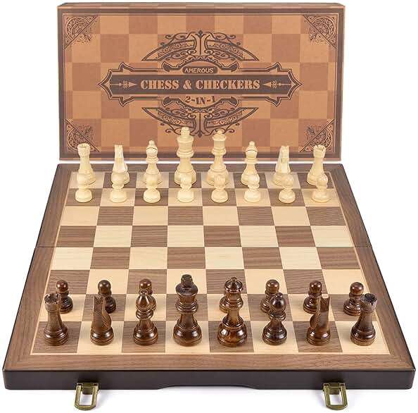 AMEROUS Magnetic Wooden Chess and Checkers Game Set, 15 Inches (2 in 1) Chess Board Games, 2 Extra Queens - Gift Package - Game Pieces Storage Slots, Beginner Chess Set for Kids, Adults - Image 9