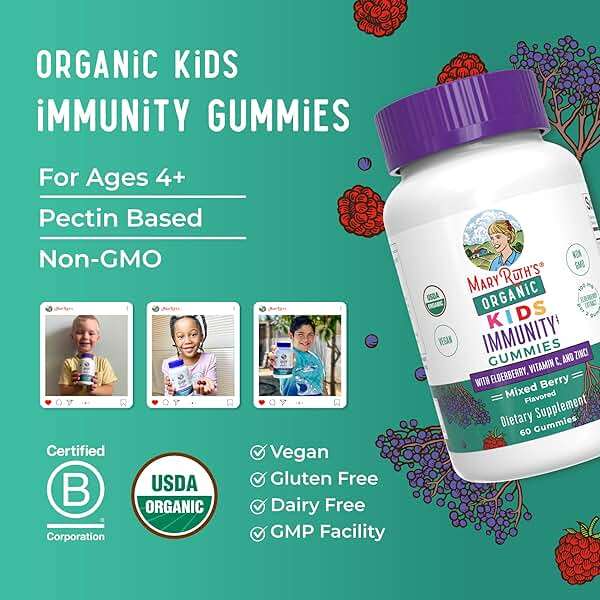 MARYRUTH'S Organics Kids Immune Support Gummies | USDA Organic | Vitamin C, Zinc, and Elderberry Gummies for Kids| Immune Support for Ages 4+ | Vegan | Non-GMO | Gluten Free | 60 Count - Image 8