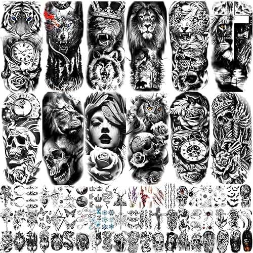 JEEFONNA 82 Sheets Temporary Tattoo for Men Women Adults, Include 12 Sheets Black 3D Half Sleeve Temporary Tattoos, Halloween Tattoos Scary Lion Wolf Tiger Skull Skeleton Tattoos Stickers - Image 1