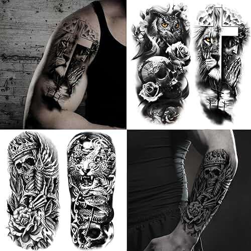 JEEFONNA 82 Sheets Temporary Tattoo for Men Women Adults, Include 12 Sheets Black 3D Half Sleeve Temporary Tattoos, Halloween Tattoos Scary Lion Wolf Tiger Skull Skeleton Tattoos Stickers - Image 2