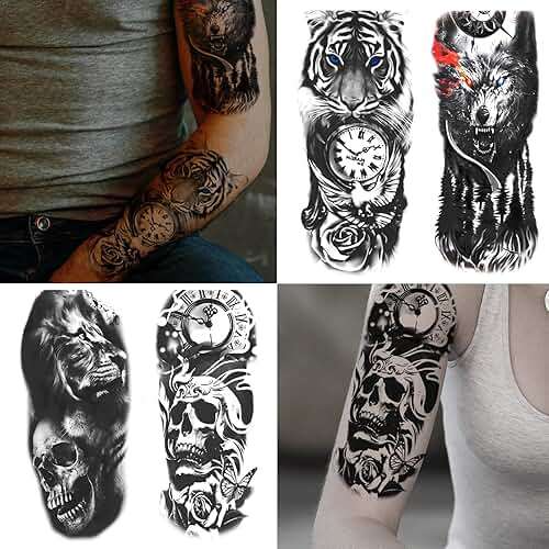 JEEFONNA 82 Sheets Temporary Tattoo for Men Women Adults, Include 12 Sheets Black 3D Half Sleeve Temporary Tattoos, Halloween Tattoos Scary Lion Wolf Tiger Skull Skeleton Tattoos Stickers - Image 4