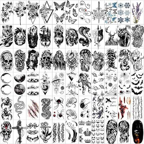 JEEFONNA 82 Sheets Temporary Tattoo for Men Women Adults, Include 12 Sheets Black 3D Half Sleeve Temporary Tattoos, Halloween Tattoos Scary Lion Wolf Tiger Skull Skeleton Tattoos Stickers - Image 5