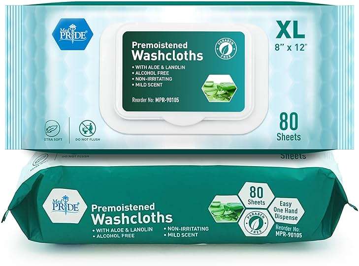 MED PRIDE Disposable XL Premoistened Washcloths 8” x 12” Pack of 80 - Adult Cloth Wipes For Sensitive Skin- Extra Soft Incontinence Wipes - Image 1