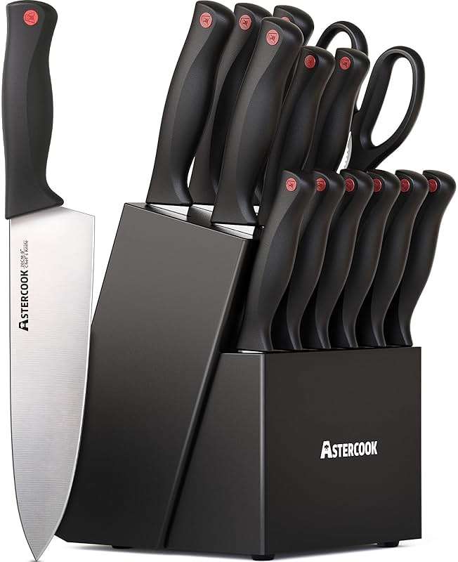 Astercook Knife Set, 15 Pieces Kitchen knives Set with Built-in Sharpener, High Carbon German Stainless Steel Chef Knife Block Sets, Sharp & Rust Resistant Dishwasher Safe, Black - Image 1