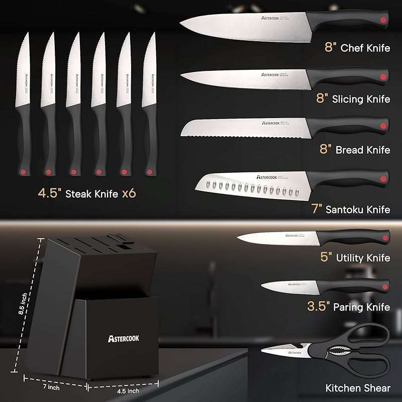 Astercook Knife Set, 15 Pieces Kitchen knives Set with Built-in Sharpener, High Carbon German Stainless Steel Chef Knife Block Sets, Sharp & Rust Resistant Dishwasher Safe, Black - Image 2