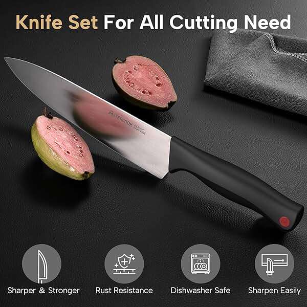 Astercook Knife Set, 15 Pieces Kitchen knives Set with Built-in Sharpener, High Carbon German Stainless Steel Chef Knife Block Sets, Sharp & Rust Resistant Dishwasher Safe, Black - Image 3