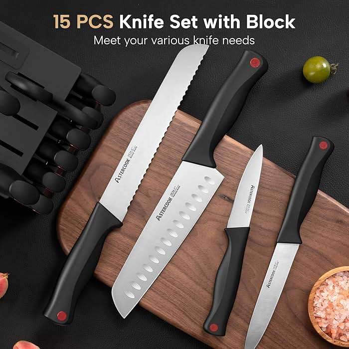 Astercook Knife Set, 15 Pieces Kitchen knives Set with Built-in Sharpener, High Carbon German Stainless Steel Chef Knife Block Sets, Sharp & Rust Resistant Dishwasher Safe, Black - Image 6