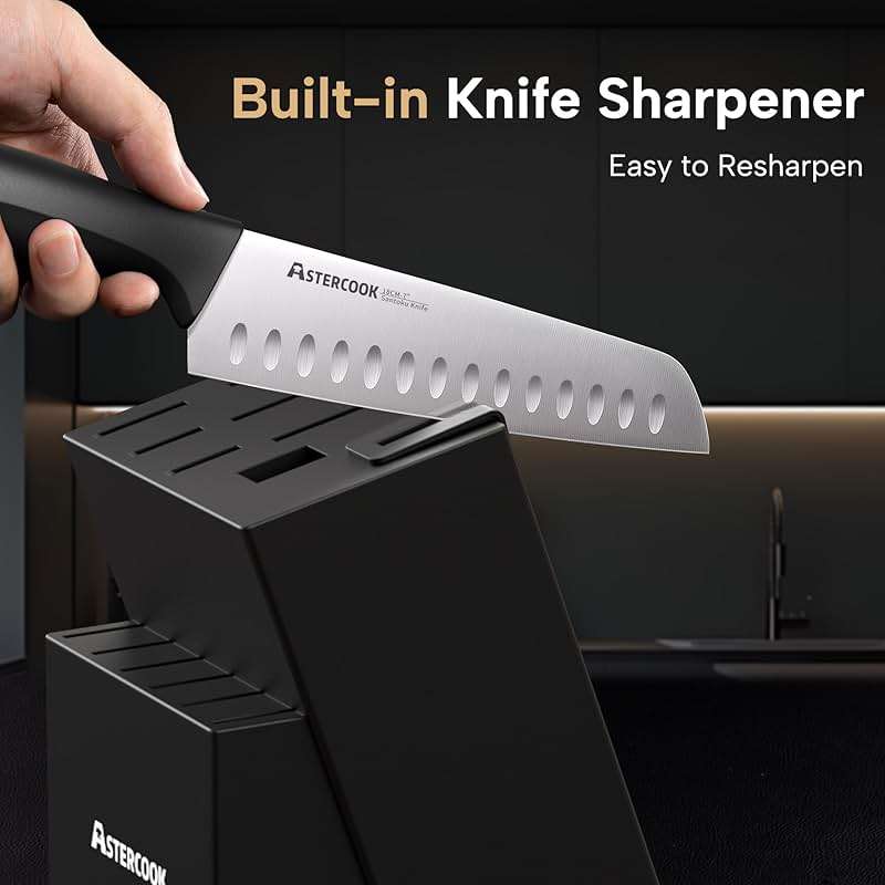 Astercook Knife Set, 15 Pieces Kitchen knives Set with Built-in Sharpener, High Carbon German Stainless Steel Chef Knife Block Sets, Sharp & Rust Resistant Dishwasher Safe, Black - Image 7