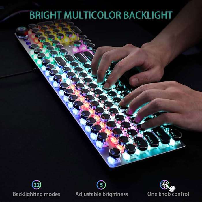 AULA F2088 Typewriter Style Mechanical Gaming Keyboard Wired,Blue Switches,Rainbow LED Backlit,Removable Wrist Rest,Media Control Knob,Retro Punk Round Keycaps,USB Wired Computer Keyboard - Image 2