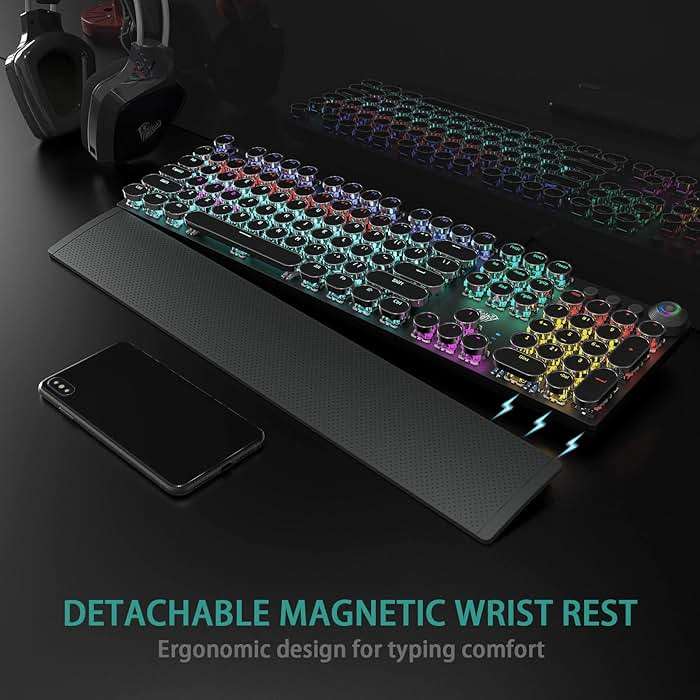 AULA F2088 Typewriter Style Mechanical Gaming Keyboard Wired,Blue Switches,Rainbow LED Backlit,Removable Wrist Rest,Media Control Knob,Retro Punk Round Keycaps,USB Wired Computer Keyboard - Image 4