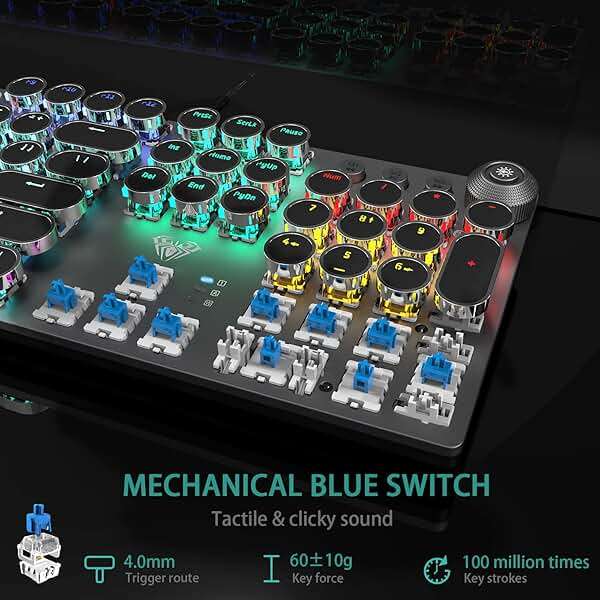 AULA F2088 Typewriter Style Mechanical Gaming Keyboard Wired,Blue Switches,Rainbow LED Backlit,Removable Wrist Rest,Media Control Knob,Retro Punk Round Keycaps,USB Wired Computer Keyboard - Image 5