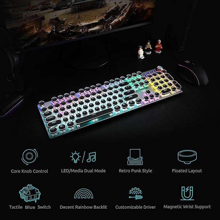 AULA F2088 Typewriter Style Mechanical Gaming Keyboard Wired,Blue Switches,Rainbow LED Backlit,Removable Wrist Rest,Media Control Knob,Retro Punk Round Keycaps,USB Wired Computer Keyboard - Image 8