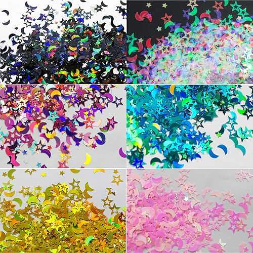 LoveOurHome 6 Colors Star Moon Chunky Glitter Flakes Resin Epoxy Accessories Holographic Black Blue Stars Glitters Confetti Crafts Sequins Decor for Nail Art/Slime/Makeup/Jewelry Making - Image 2