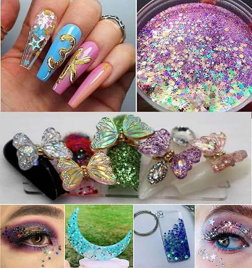 LoveOurHome 6 Colors Star Moon Chunky Glitter Flakes Resin Epoxy Accessories Holographic Black Blue Stars Glitters Confetti Crafts Sequins Decor for Nail Art/Slime/Makeup/Jewelry Making - Image 3