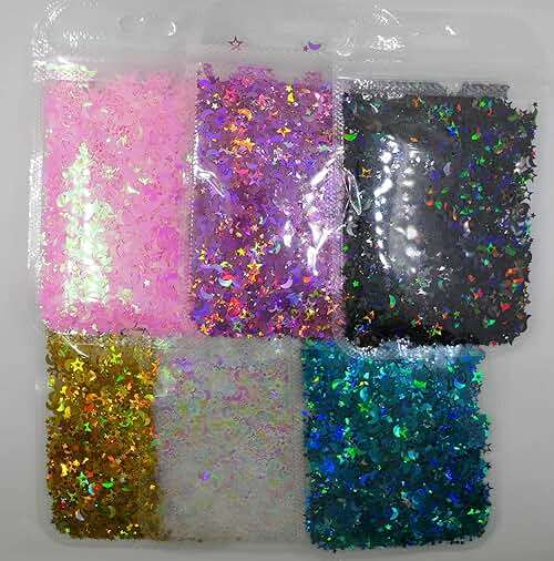 LoveOurHome 6 Colors Star Moon Chunky Glitter Flakes Resin Epoxy Accessories Holographic Black Blue Stars Glitters Confetti Crafts Sequins Decor for Nail Art/Slime/Makeup/Jewelry Making - Image 5