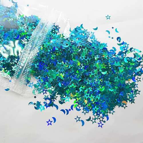 LoveOurHome 6 Colors Star Moon Chunky Glitter Flakes Resin Epoxy Accessories Holographic Black Blue Stars Glitters Confetti Crafts Sequins Decor for Nail Art/Slime/Makeup/Jewelry Making - Image 6
