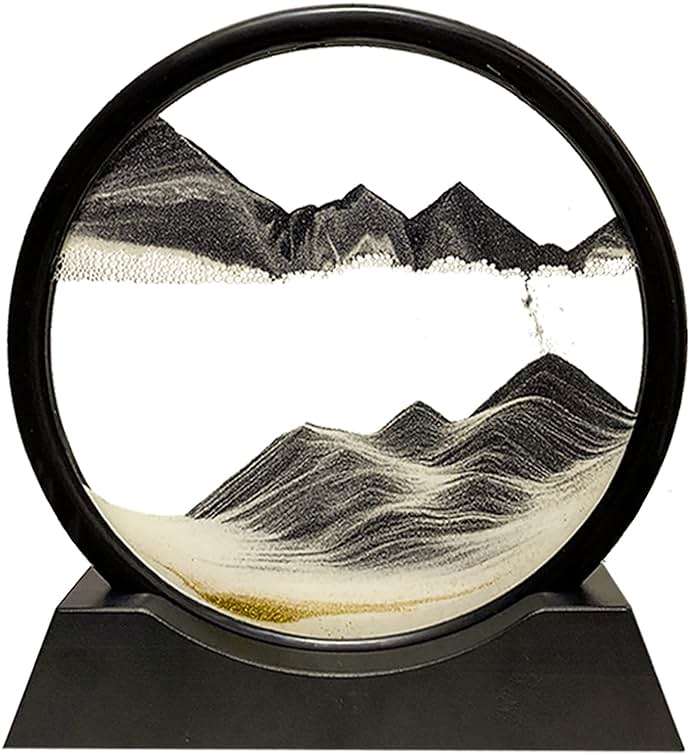 HYUGF Moving Sand Art Picture Decor, 3D Deep Sea Sandscape Liquid Motion, Round Glass Frame Display Flowing Sand Relaxing Gift for Kids Adults Home Office Work Desktop Decoration Toy (Black, 7") - Image 1