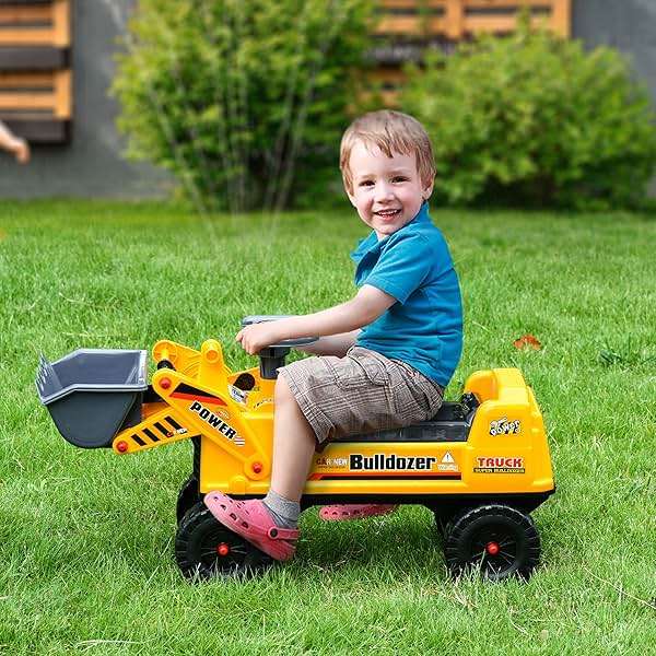 Qaba Kids Bulldozer Ride-On Toy for Toddler with Tough Wheels, Outdoor Construction Toy with Controllable Digging Bucket, Yellow - Image 2