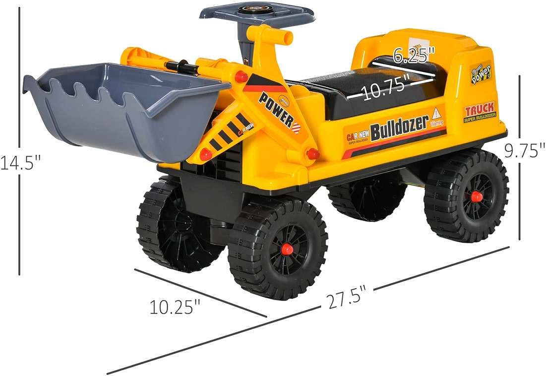Qaba Kids Bulldozer Ride-On Toy for Toddler with Tough Wheels, Outdoor Construction Toy with Controllable Digging Bucket, Yellow - Image 3