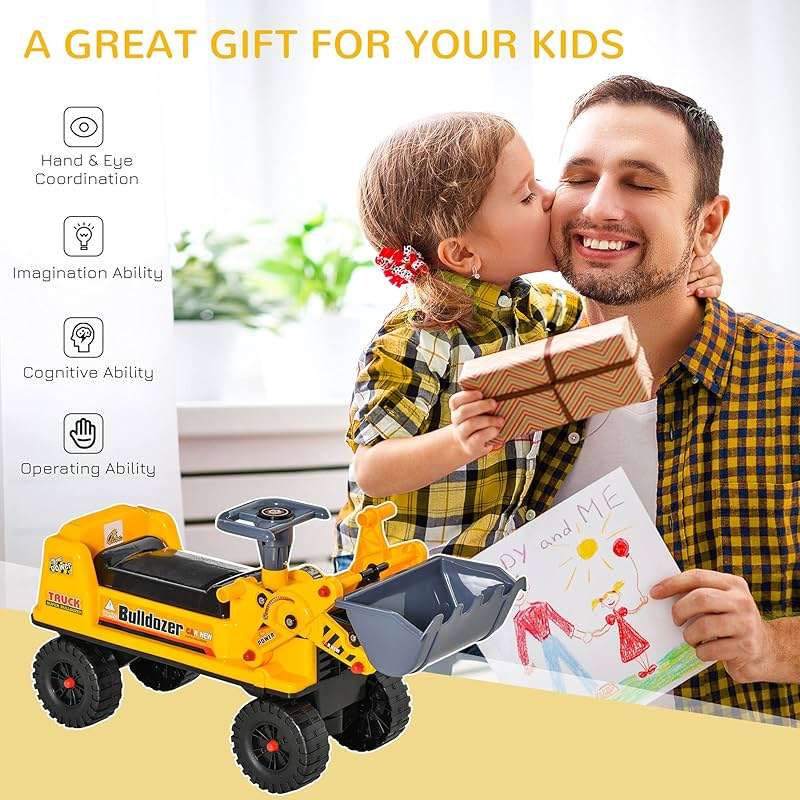 Qaba Kids Bulldozer Ride-On Toy for Toddler with Tough Wheels, Outdoor Construction Toy with Controllable Digging Bucket, Yellow - Image 4
