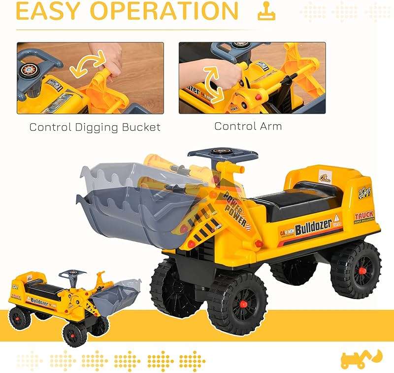 Qaba Kids Bulldozer Ride-On Toy for Toddler with Tough Wheels, Outdoor Construction Toy with Controllable Digging Bucket, Yellow - Image 5