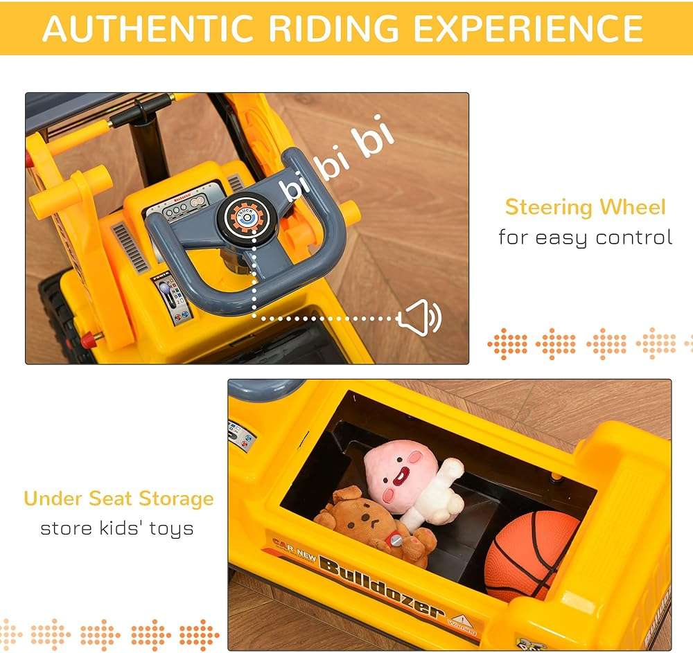 Qaba Kids Bulldozer Ride-On Toy for Toddler with Tough Wheels, Outdoor Construction Toy with Controllable Digging Bucket, Yellow - Image 6