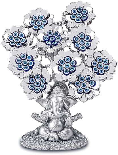 Evil Eye Flowers Lucky Tree with Silver Ganesha Hindu Elephant God Statue Home Office Feng Shui Protection Ornament Blessing Gift - Image 1