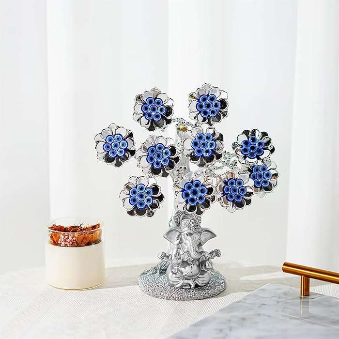 Evil Eye Flowers Lucky Tree with Silver Ganesha Hindu Elephant God Statue Home Office Feng Shui Protection Ornament Blessing Gift - Image 2