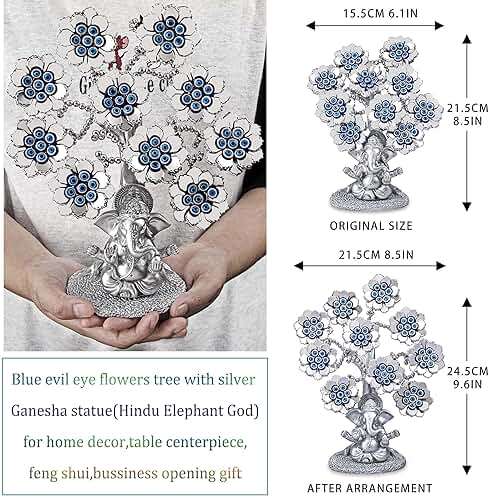 Evil Eye Flowers Lucky Tree with Silver Ganesha Hindu Elephant God Statue Home Office Feng Shui Protection Ornament Blessing Gift - Image 3