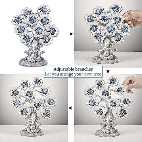 Evil Eye Flowers Lucky Tree with Silver Ganesha Hindu Elephant God Statue Home Office Feng Shui Protection Ornament Blessing Gift - Image 4