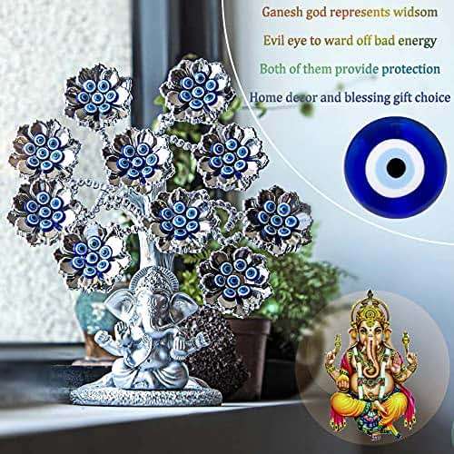 Evil Eye Flowers Lucky Tree with Silver Ganesha Hindu Elephant God Statue Home Office Feng Shui Protection Ornament Blessing Gift - Image 5