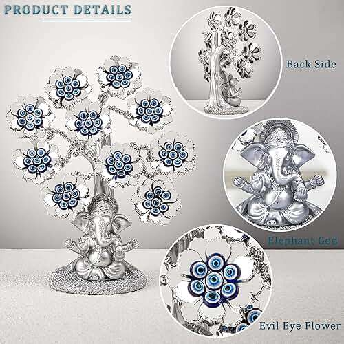 Evil Eye Flowers Lucky Tree with Silver Ganesha Hindu Elephant God Statue Home Office Feng Shui Protection Ornament Blessing Gift - Image 7