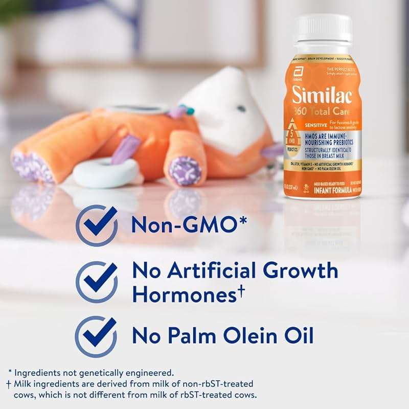 Similac 360 Total Care Sensitive Infant Formula for Fussiness & Gas Due to Lactose Sensitivity, Has 5 HMO Prebiotics, Liquid Baby Formula, Ready to Feed, 8-fl-oz Bottle, Pack of 24 - Image 7