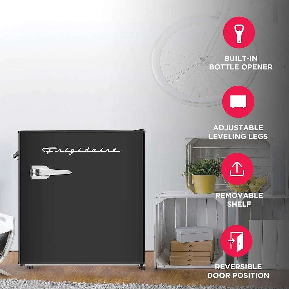 FRIGIDAIRE Black Retro Mini Refrigerator-Energy Saving-Adjustable Thermostat Control-Side Mounted Bottle Opener-Ideal for Dorm, Office, RV, Garage, Apartment 1.6 Cubic Feet - Image 5