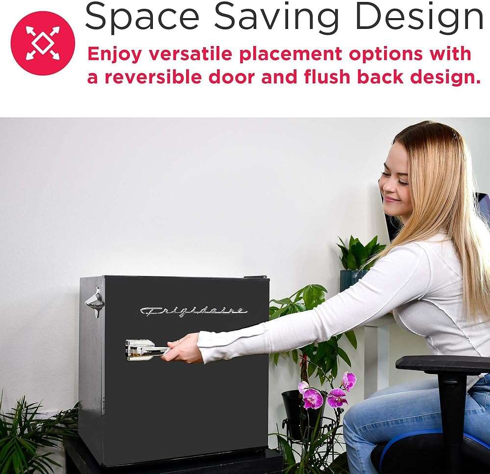 FRIGIDAIRE Black Retro Mini Refrigerator-Energy Saving-Adjustable Thermostat Control-Side Mounted Bottle Opener-Ideal for Dorm, Office, RV, Garage, Apartment 1.6 Cubic Feet - Image 7