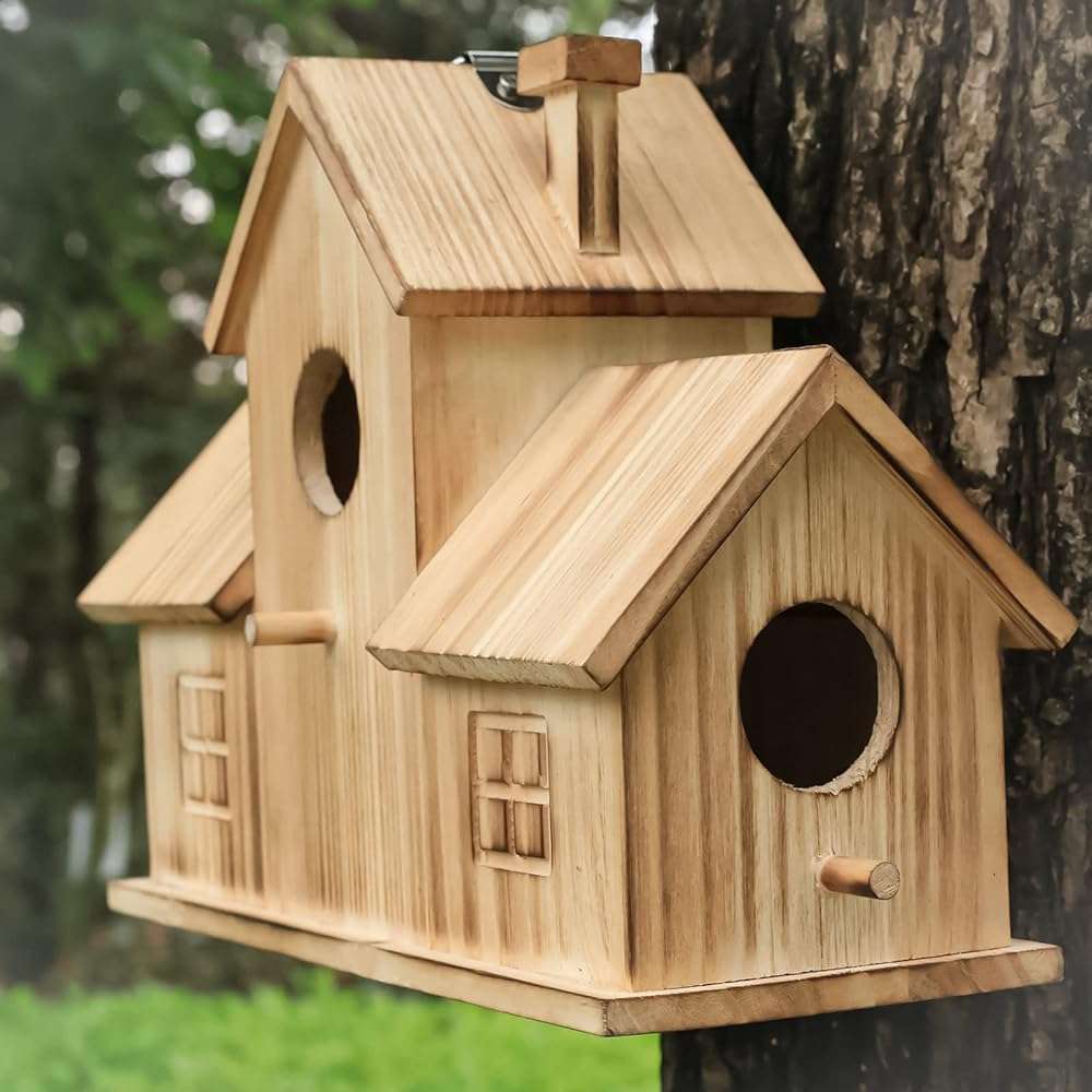 Bird Houses for Outside 3 Hole Bird House Room for 3 Bird Families Outdoor Bluebird Finch Cardinals Wooden Hanging Birdhouse for Garden - Image 2