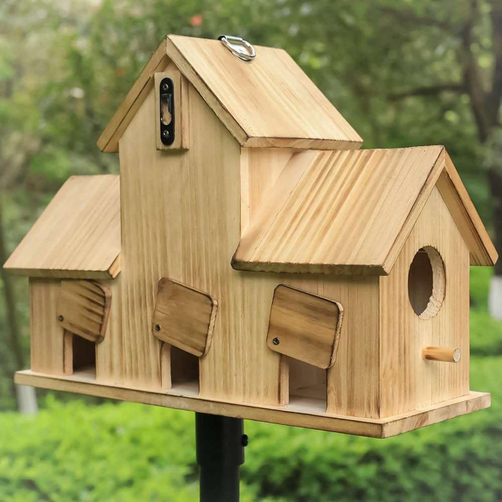 Bird Houses for Outside 3 Hole Bird House Room for 3 Bird Families Outdoor Bluebird Finch Cardinals Wooden Hanging Birdhouse for Garden - Image 3