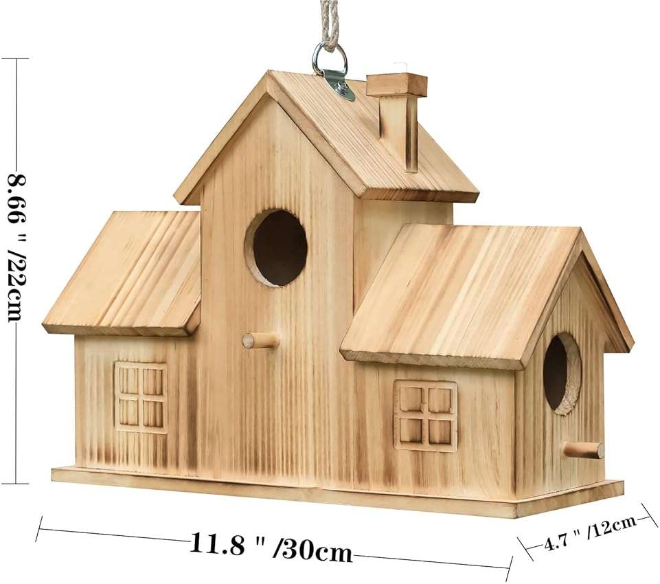 Bird Houses for Outside 3 Hole Bird House Room for 3 Bird Families Outdoor Bluebird Finch Cardinals Wooden Hanging Birdhouse for Garden - Image 4