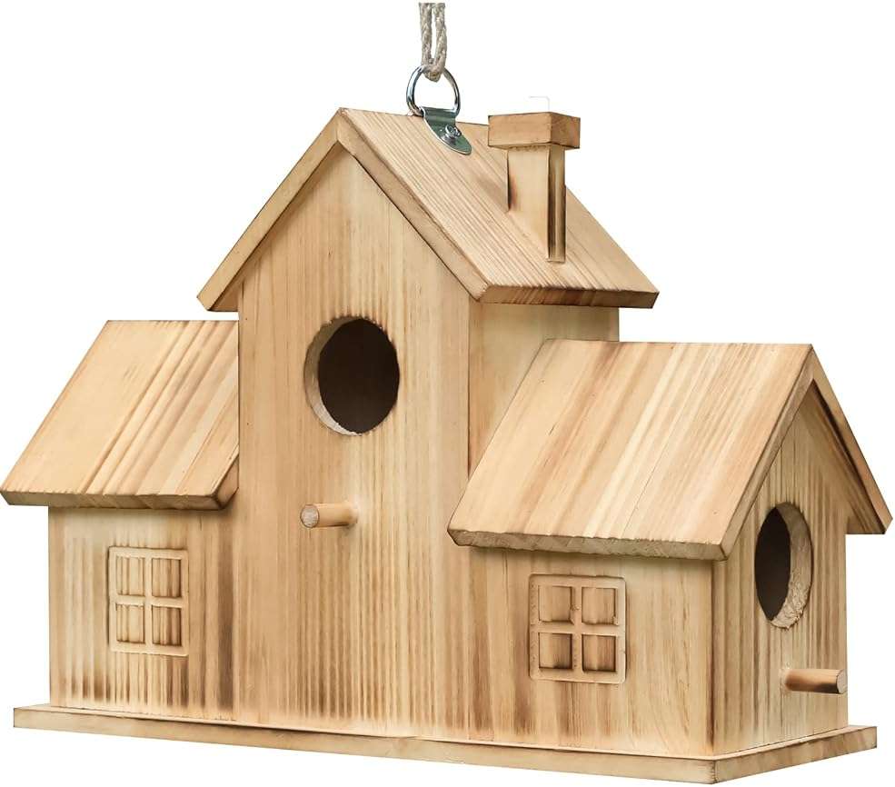 Bird Houses for Outside 3 Hole Bird House Room for 3 Bird Families Outdoor Bluebird Finch Cardinals Wooden Hanging Birdhouse for Garden - Image 6