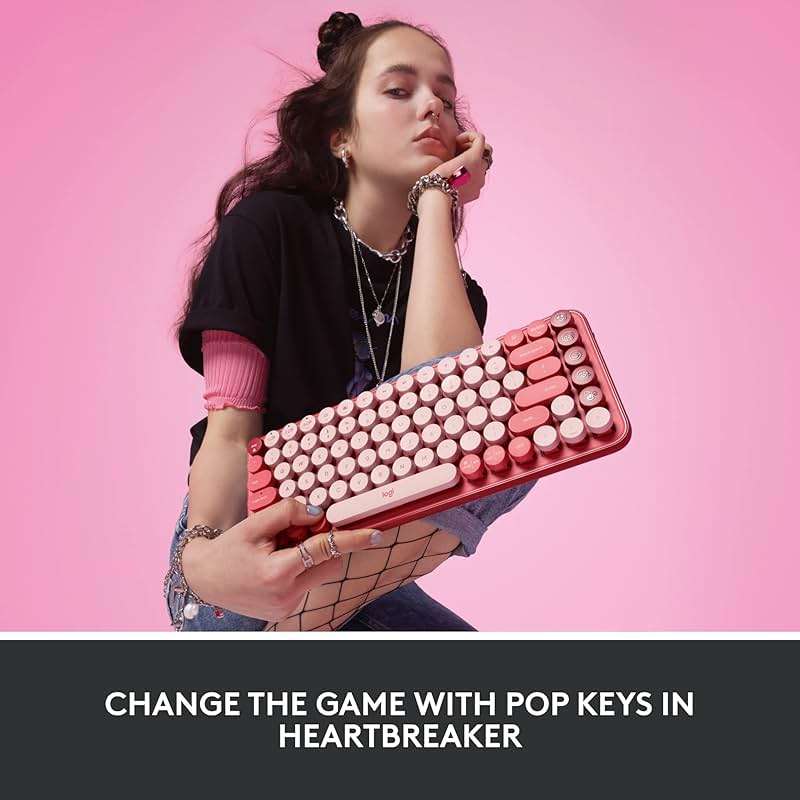 Logitech POP Keys Mechanical Wireless Keyboard with Customizable Emoji Keys, Durable Compact Design, Bluetooth or USB Connectivity, Multi-Device, OS Compatible - Heartbreaker Rose - Image 2