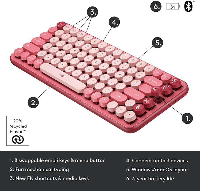 Logitech POP Keys Mechanical Wireless Keyboard with Customizable Emoji Keys, Durable Compact Design, Bluetooth or USB Connectivity, Multi-Device, OS Compatible - Heartbreaker Rose - Image 7