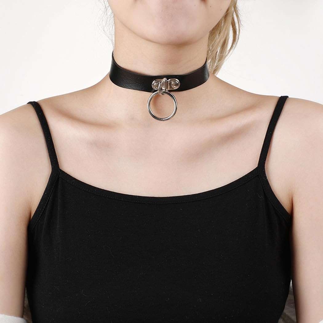 Shegirl Gothic Choker Necklace Black Geometric Leather Collar Necklace Fashion Punk Jewelry for Women (Ring) - Image 2