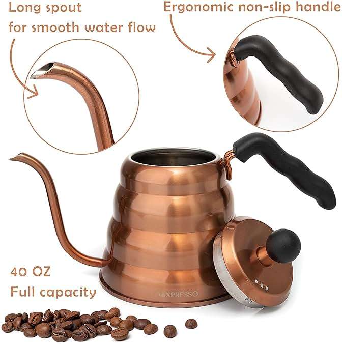 Mixpresso Gooseneck Pour Over Coffee Kettle, Barista Pour Control Design For Coffee & Tea High-Grade Stainless Steel 1.2 Liter (40 Oz) Drip Coffee Induction Cooker, Copper Stovetop Kettle - Image 3